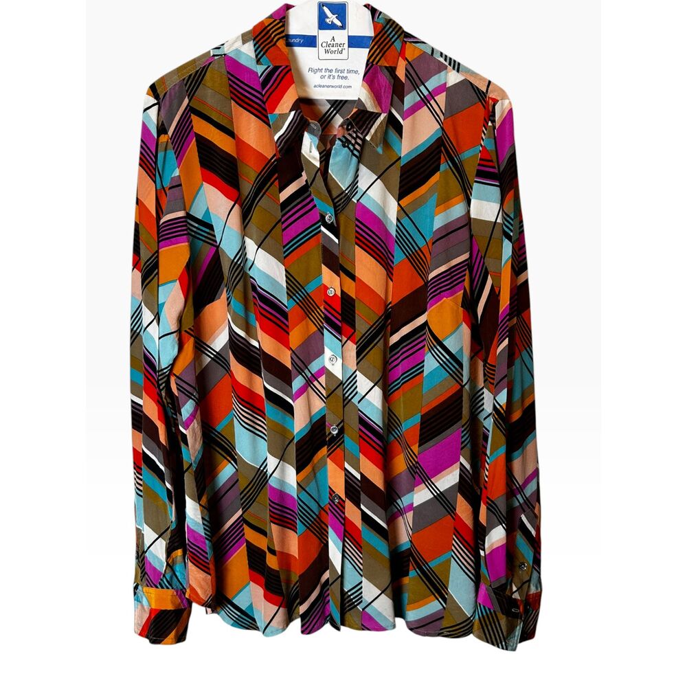 Trina Turk 100% Silk Blouse Top Size L Geometric Striped Retro